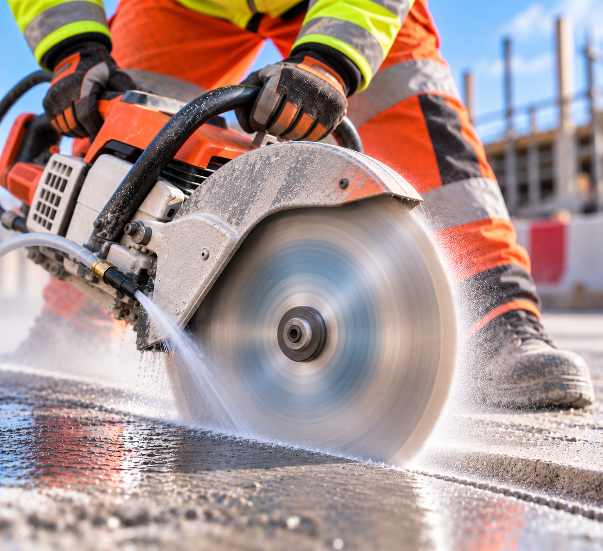 Spinning diamond blade on a cut-off saw wet-cutting concrete at a construction site