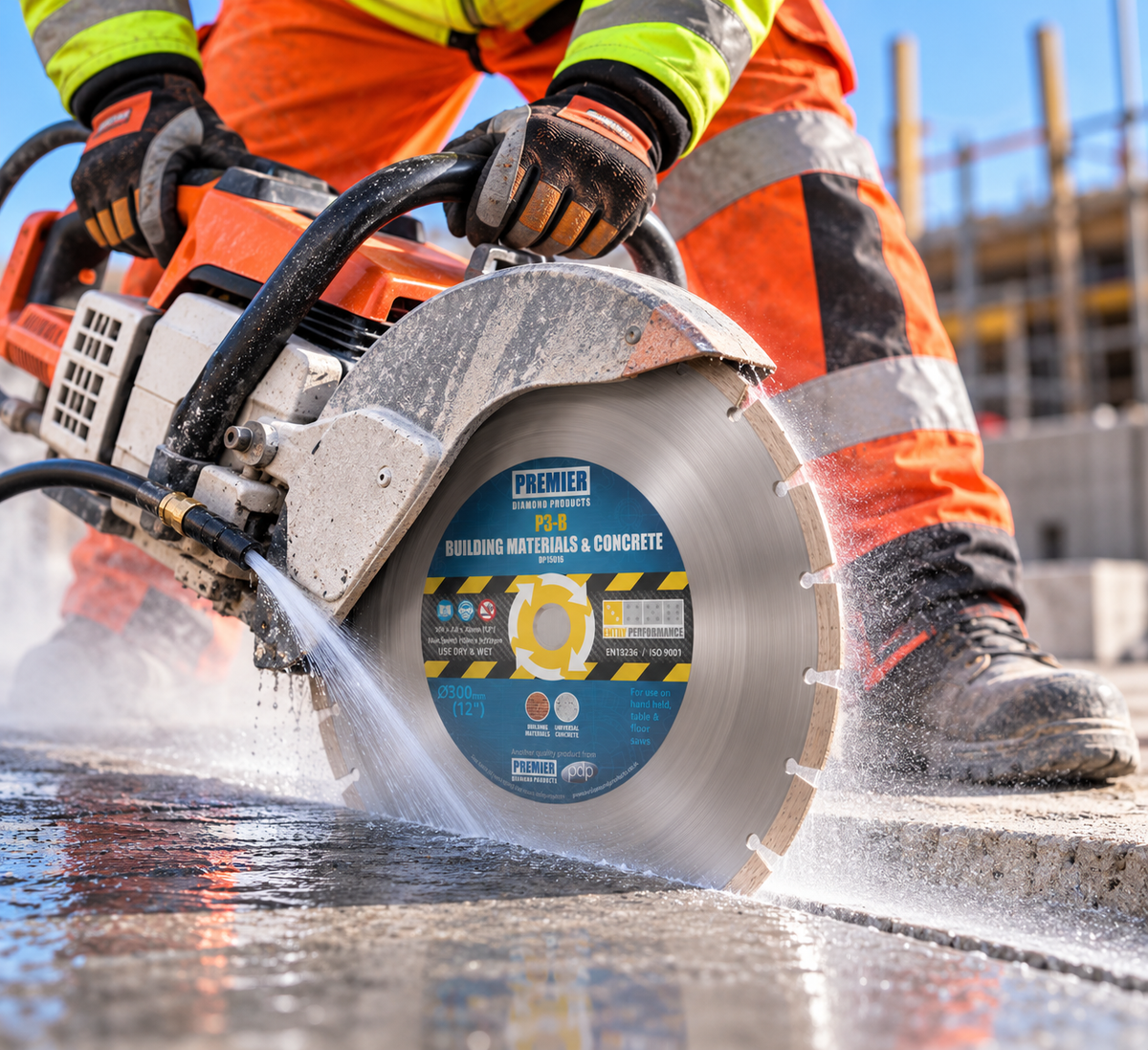 Premier Diamond P3-B building materials and concrete blade on a cut-off saw wet-cutting concrete, with blade label visible