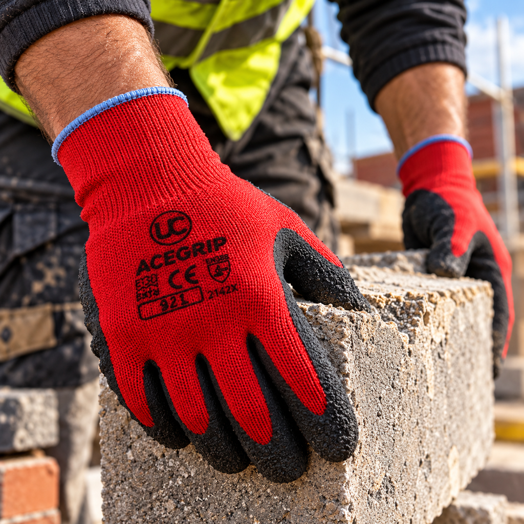 Worker wearing red AceGrip® latex-coated gloves while lifting a concrete block