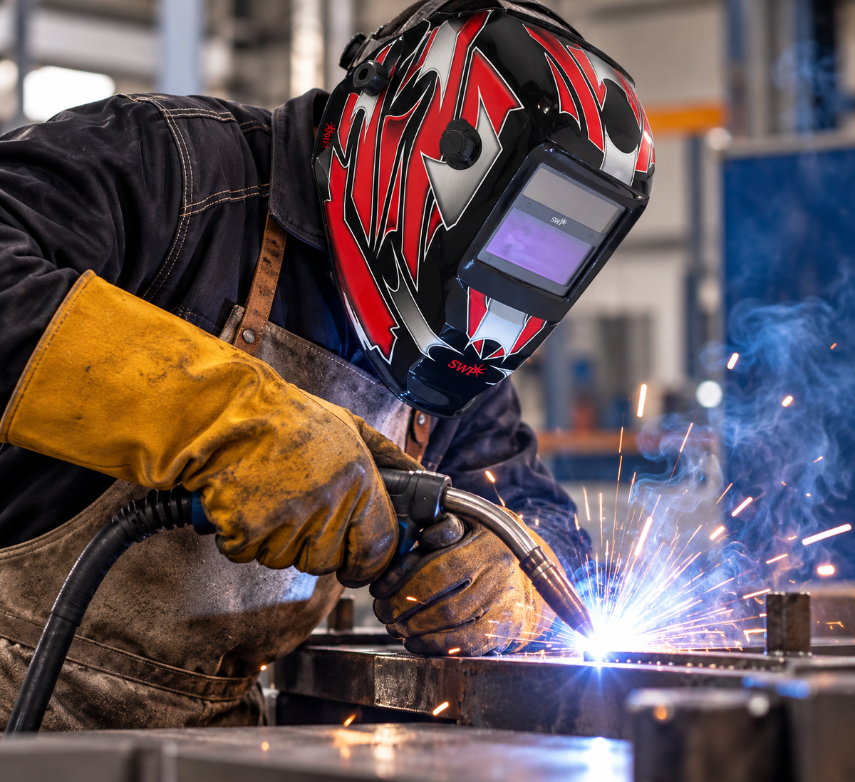 Welder wearing black and red SWP auto-darkening helmet while MIG welding metal in a workshop