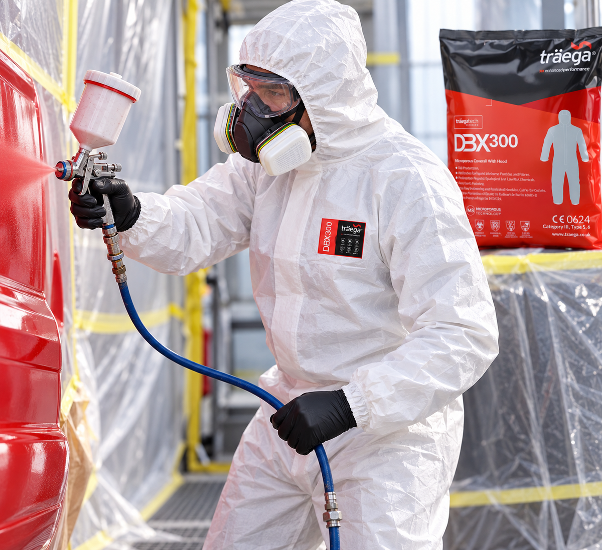 Worker wearing white DBX300 hooded coverall while spray painting a vehicle