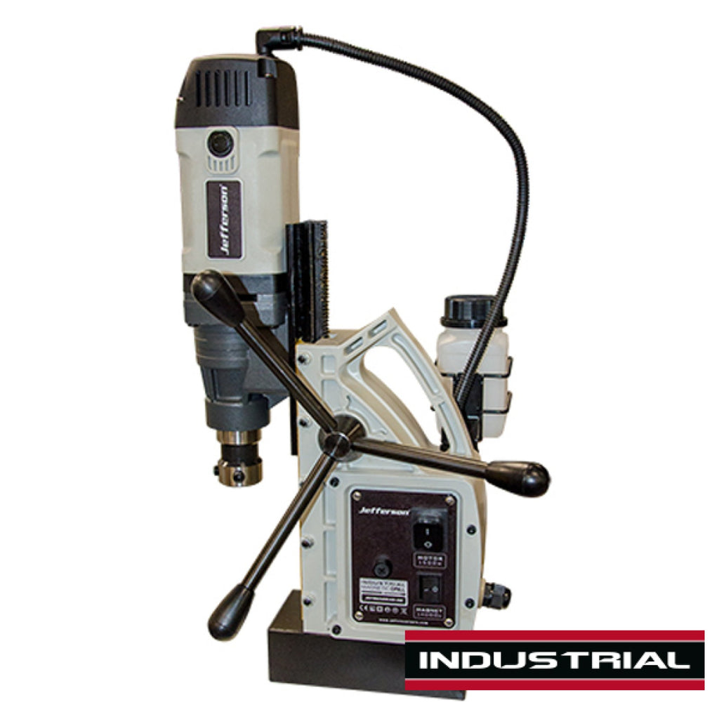 Jefferson Industrial 40mm Magnetic Drill - full machine with magnetic base, feed handles and coolant bottle