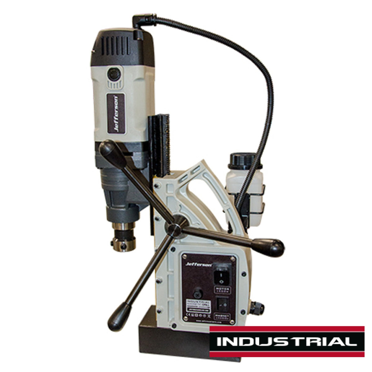 Jefferson Industrial 40mm Magnetic Drill - full machine with magnetic base, feed handles and coolant bottle