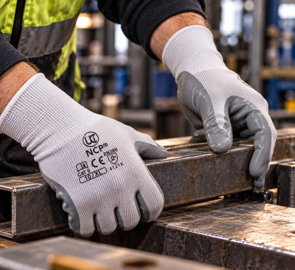 Ultimate Industrial NCP nitrile-coated work gloves gripping a steel beam in a workshop
