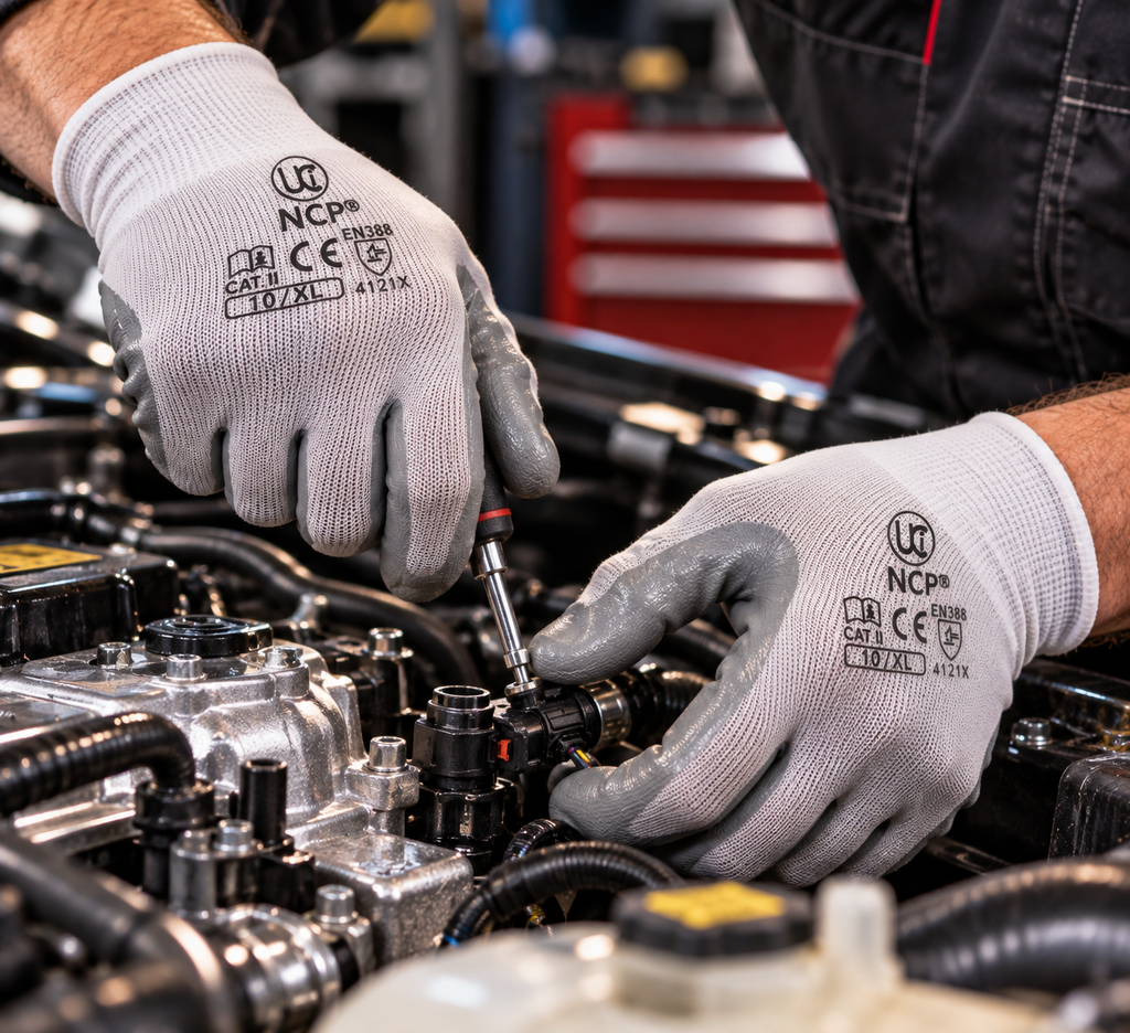 Worker wearing Ultimate Industrial NCP grey nitrile-coated gloves while working on vehicle components