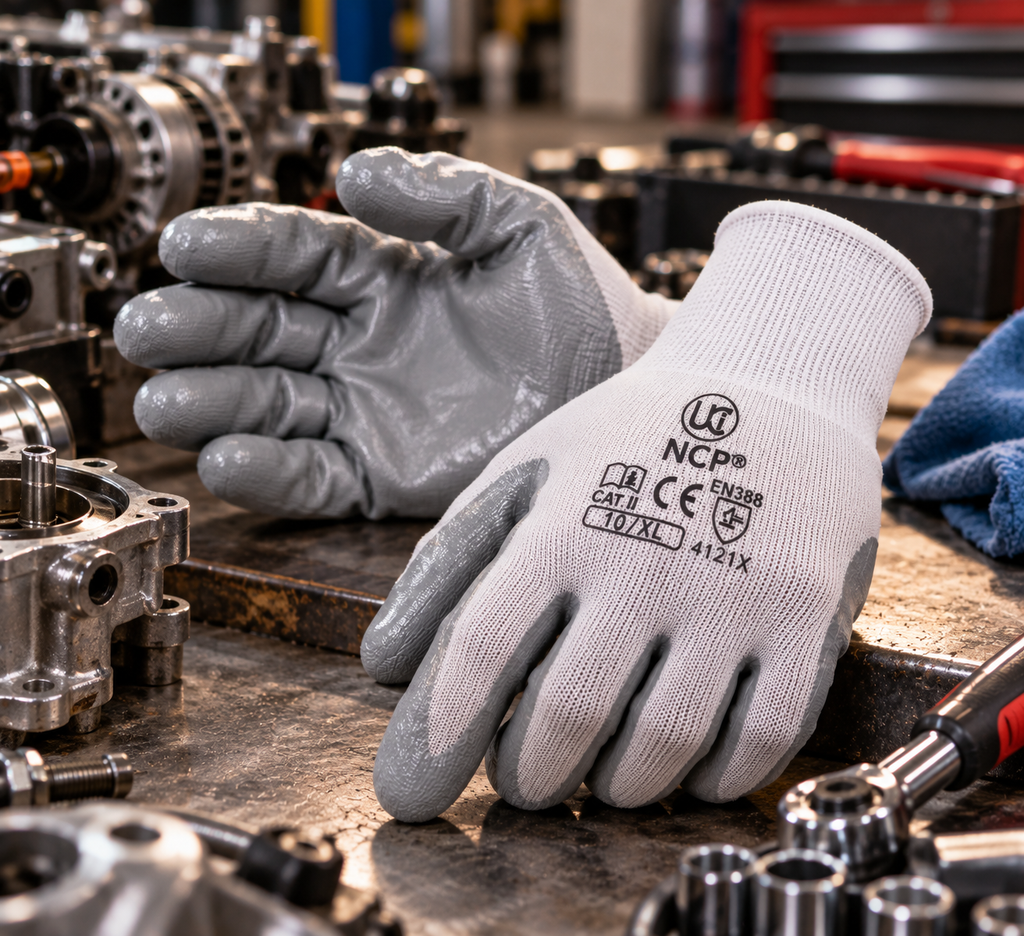 Ultimate Industrial NCP work gloves showing grey nitrile-coated palms and marked white knit backs