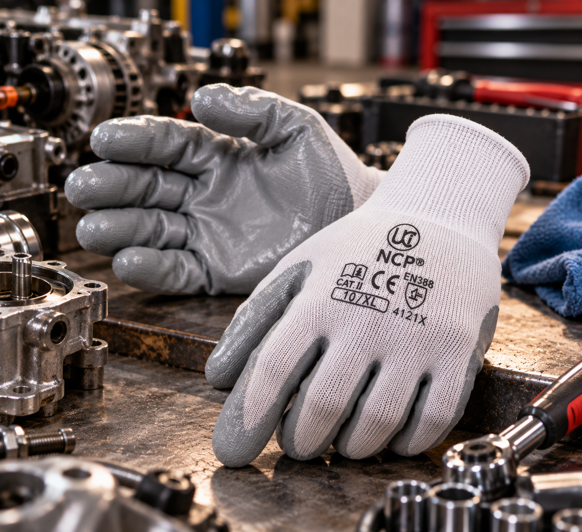 Ultimate Industrial NCP work gloves showing grey nitrile-coated palms and marked white knit backs