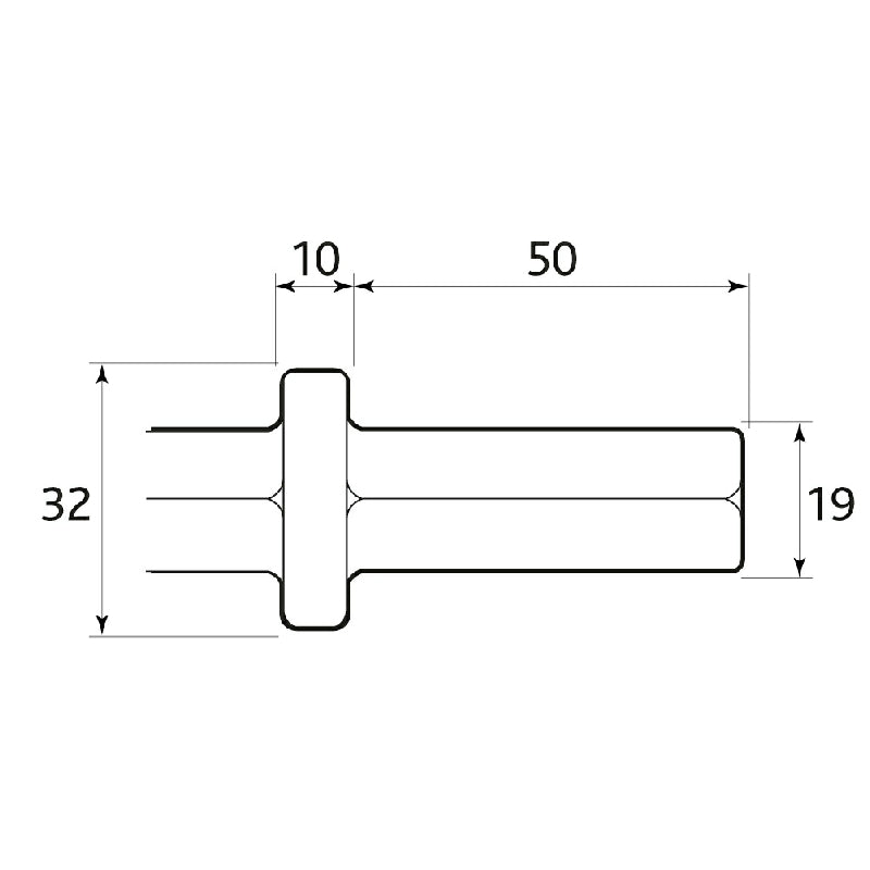 19x50mm hex shank chisel technical drawing showing 32mm collar width, 19mm shank diameter and 50mm body length
