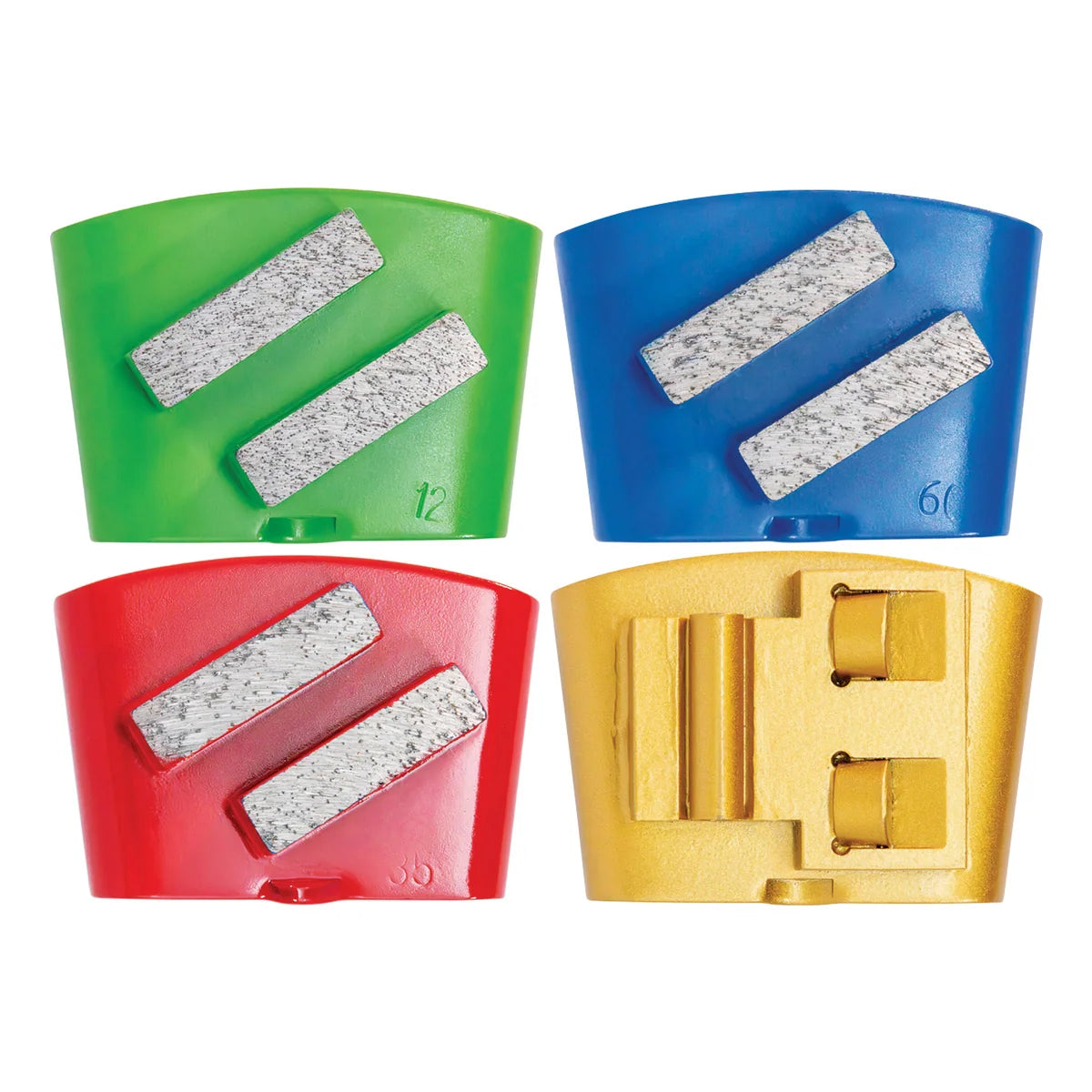 Colour-coded P6 HTC grinding shoes in 30, 60 and 100 grit plus PCD