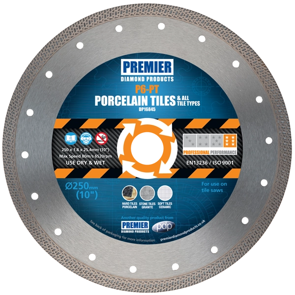 Premier Diamond P6-PT porcelain tile diamond blade, 250mm DP16845 shown