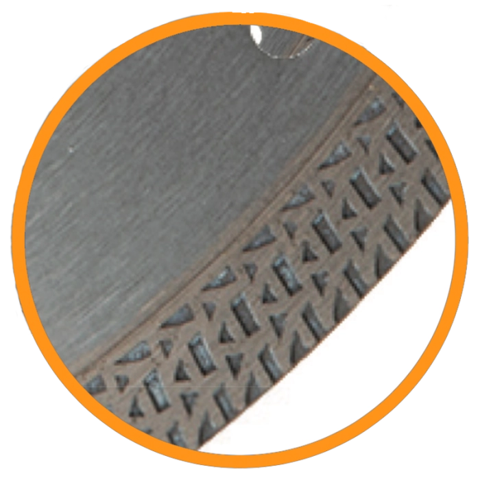 Close-up of the textured diamond cutting rim on a Premier Diamond P6-PT blade