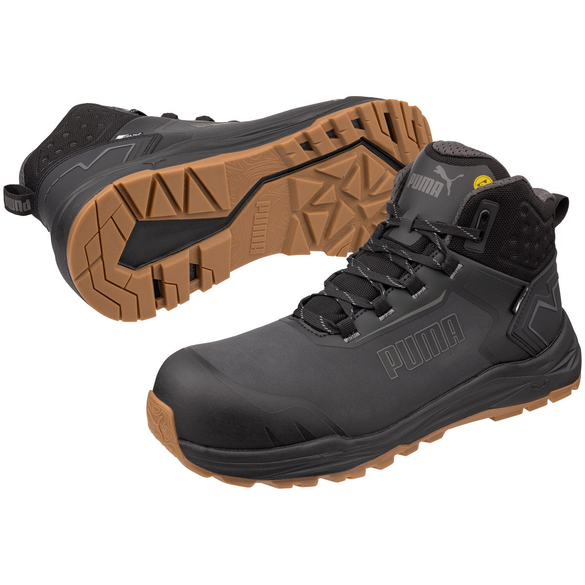 PUMA Safety Fusion CTX Mid S7S ESD FO HRO SR - pair view showing black microfiber upper and gum XTS TRAIL rubber outsole tread pattern