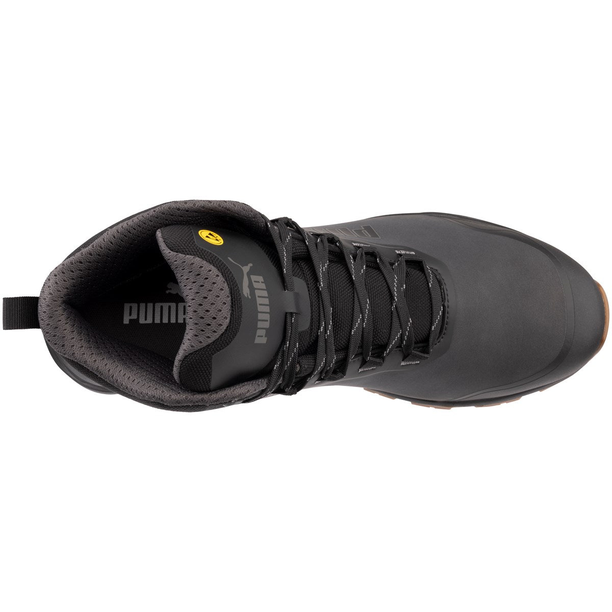 PUMA Safety Fusion CTX Mid S7S ESD FO HRO SR - top-down view showing padded tongue, lacing system and breathable collar lining
