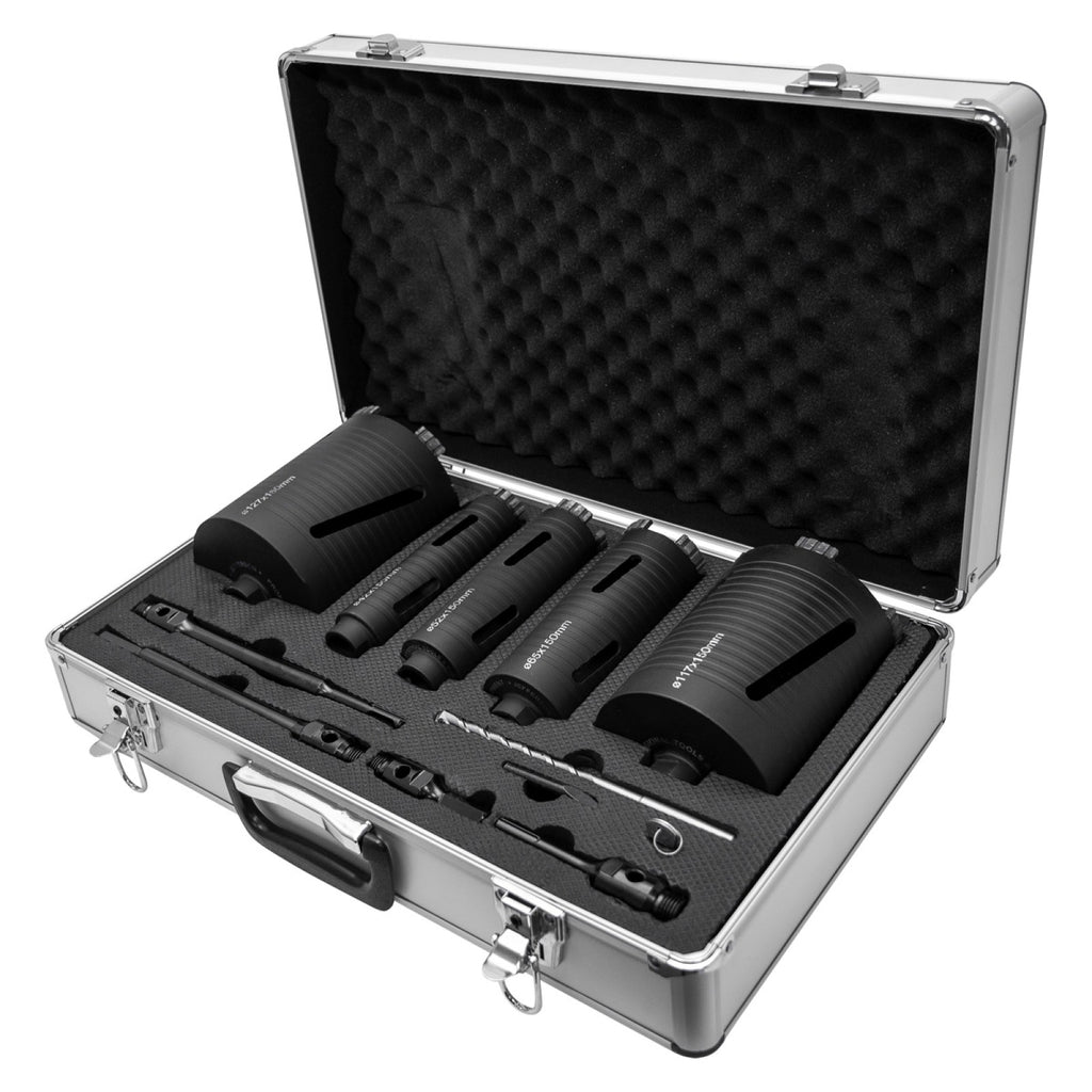 Jefferson 11-Piece Diamond Core Bit Set in aluminium carry case - open view