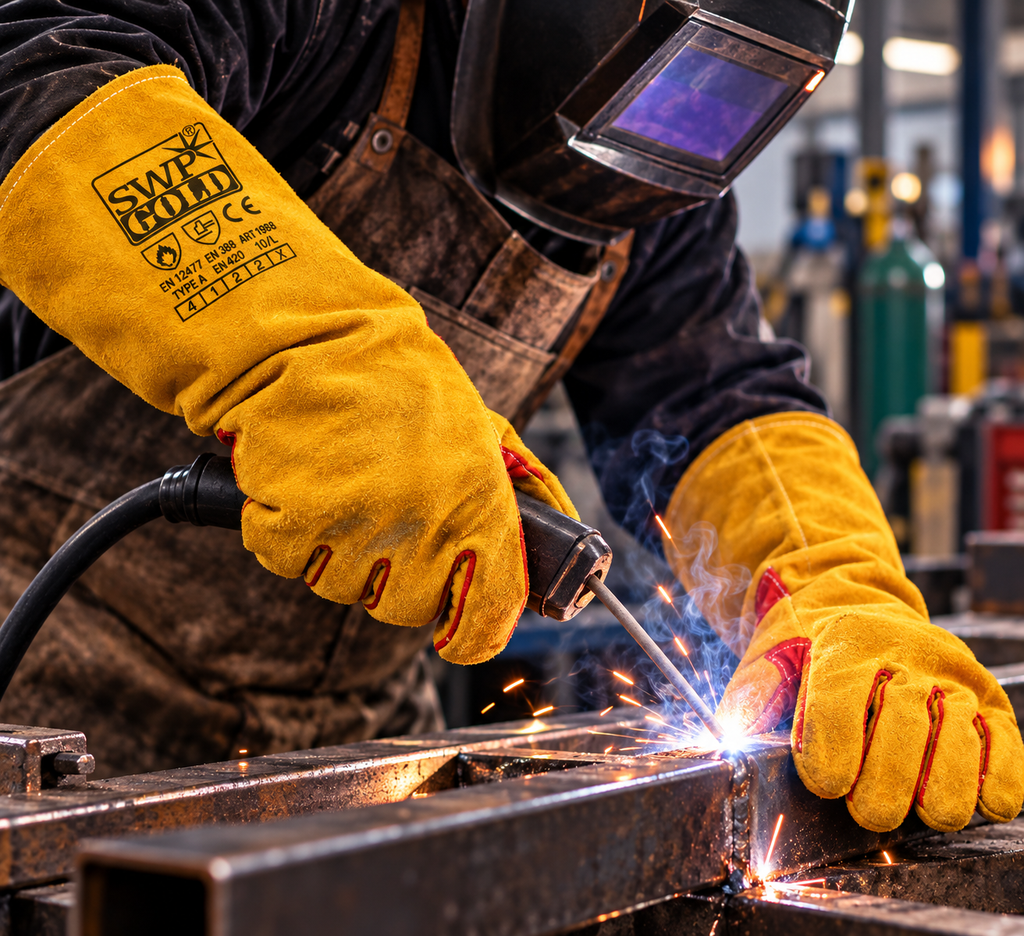Welder wearing yellow SWP Gold leather gauntlets while welding steel in a workshop