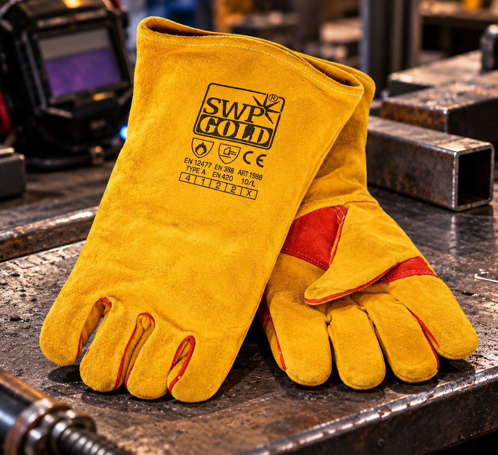 Pair of yellow SWP Gold split leather welding gauntlets with red reinforcement and long cuffs on a workbench