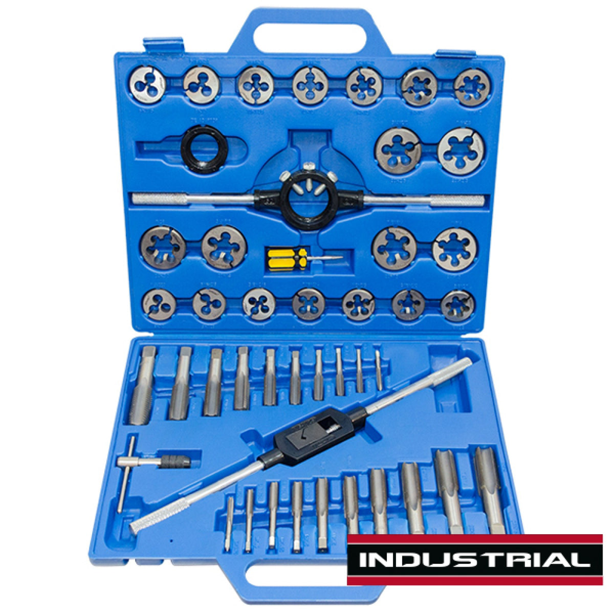 Close-up of Jefferson metric dies and die holder inside the blue carry case