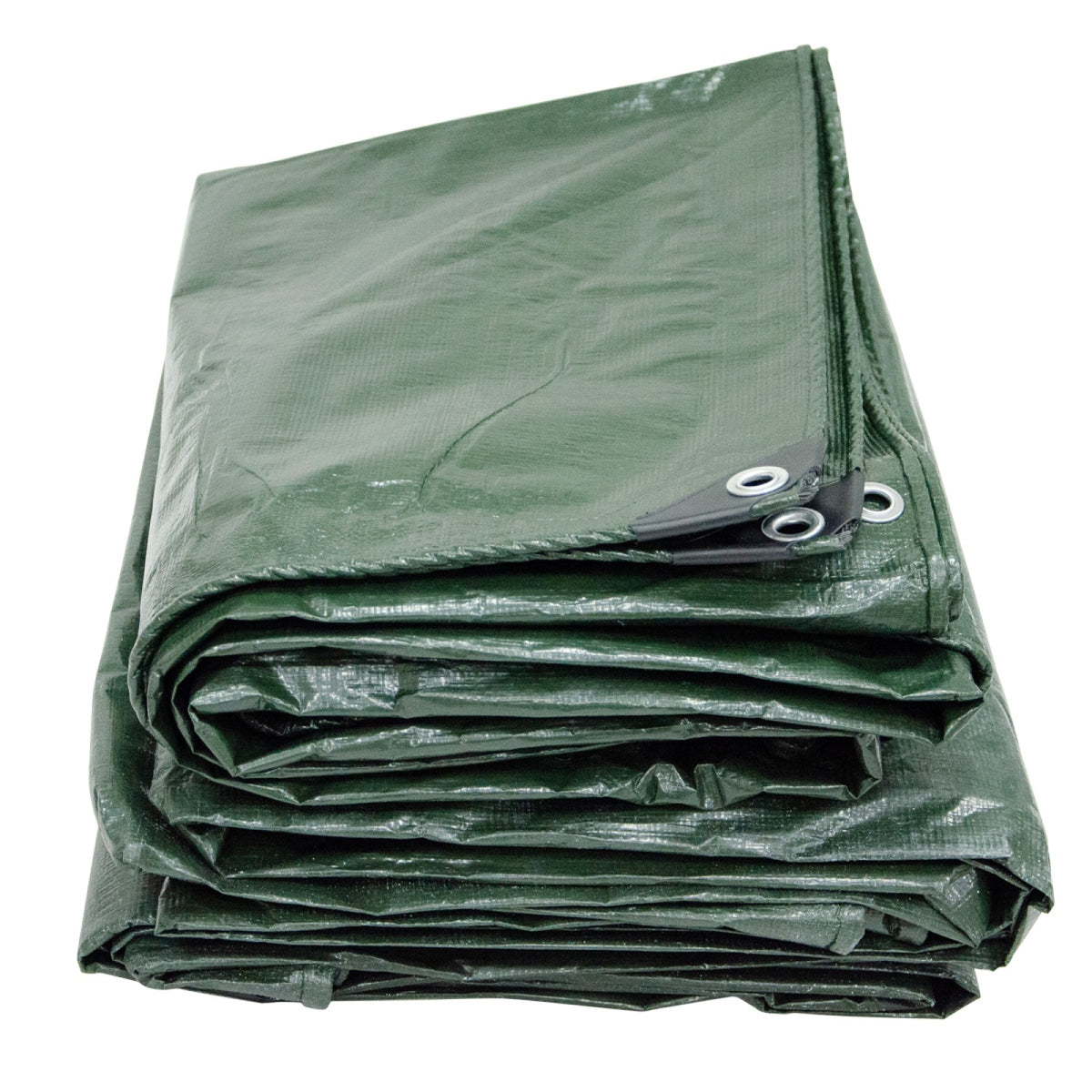 Folded green Jefferson tarpaulin with reinforced corners and aluminium eyelets