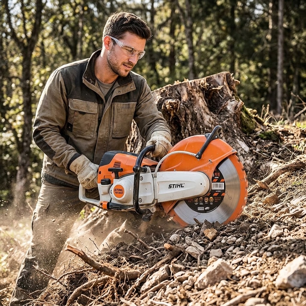 A man wearing safety glasses and work clothes operates a STIHL circular saw with a large orange and white Terrasaur blade to cut through tree stump roots in a wooded outdoor setting.