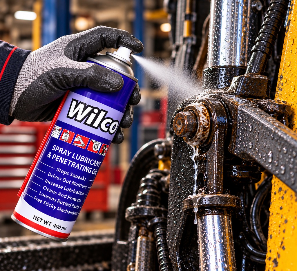 Wilco 400ml spray lubricant and penetrating oil applied to machinery joint in a workshop