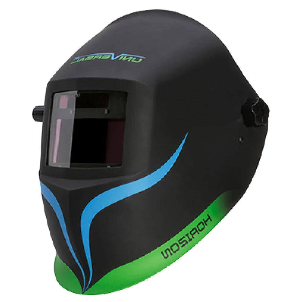 Universal Horizon Variable Shade Auto-Darkening Welding Helmet in black with blue and green graphic design, showing large viewing window and external grind mode button