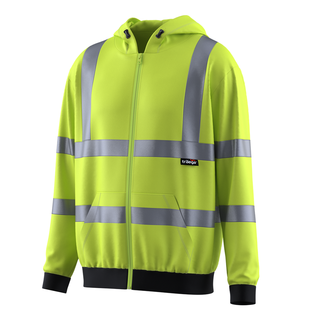 TSW14 yellow Class 3 hi-vis hooded sweatshirt angled front view